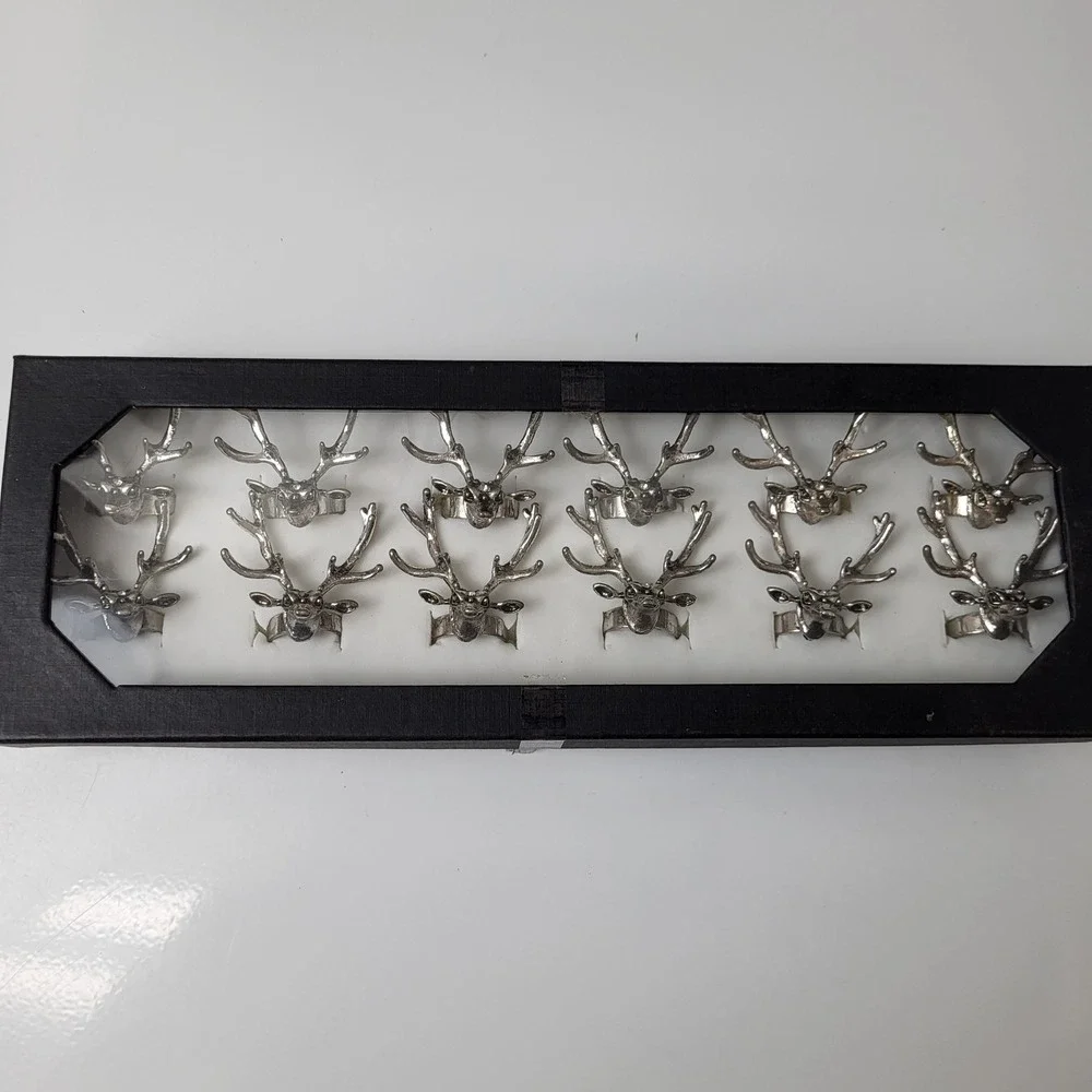 Reindeer Ring Box of 12 Silver Tone Metal Deer Head‎ Christmas Holiday Jewel